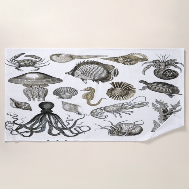 Vintage Tropical Sea Life Beach Towel (Front)