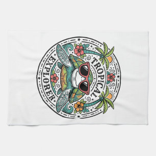 Vintage Tropical Sea Turtle Sunglasses Graphic Shi Tea Towel