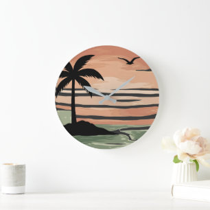 Vintage Tropical Sunset Palm Tree Design   Retro B Large Clock
