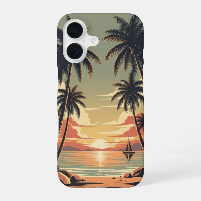 Vintage Tropical Sunset Scene iPhone 16 Case (Back)