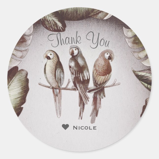 Vintage Tropical Tiki Birds Parrots & Leaves Favou Classic Round Sticker (Front)