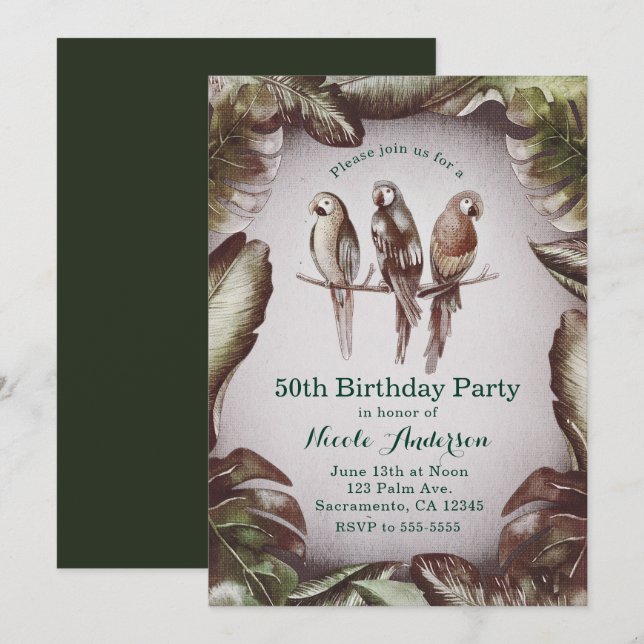 Vintage Tropical Tiki Birds Parrots & Leaves Party Invitation (Front/Back)