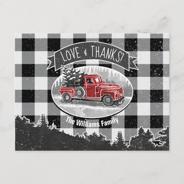 Vintage Truck Black and White Monogrammed Holiday Postcard (Front)
