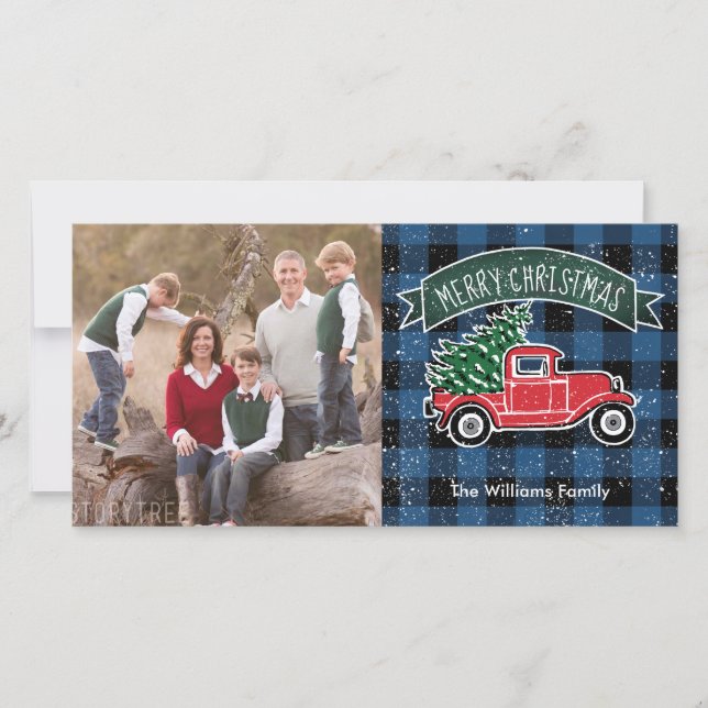 Vintage Truck Blue Buffalo Plaid Photo Holiday Card (Front)