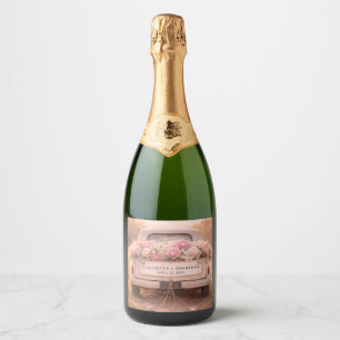 Vintage Truck Blush Floral Custom Name Wedding Sparkling Wine Label