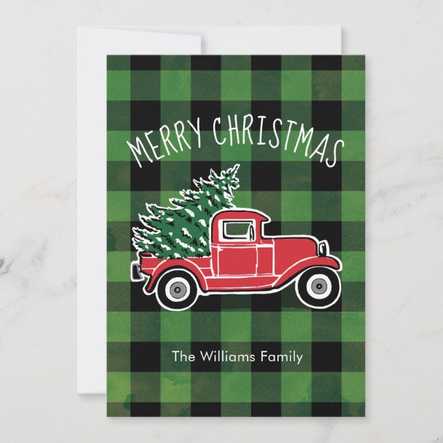 Vintage Truck Buffalo Plaid Holiday Photo Card (Front)