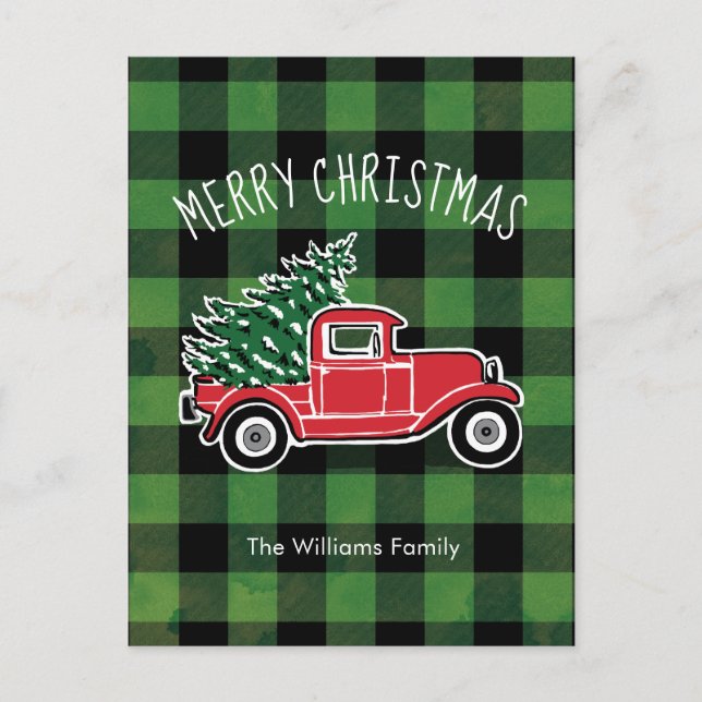 Vintage Truck Buffalo Plaid Holiday Postcard (Front)