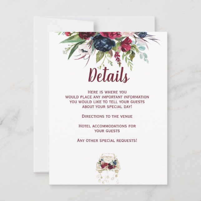 Vintage Truck Burgundy Wedding Details Card (Front)