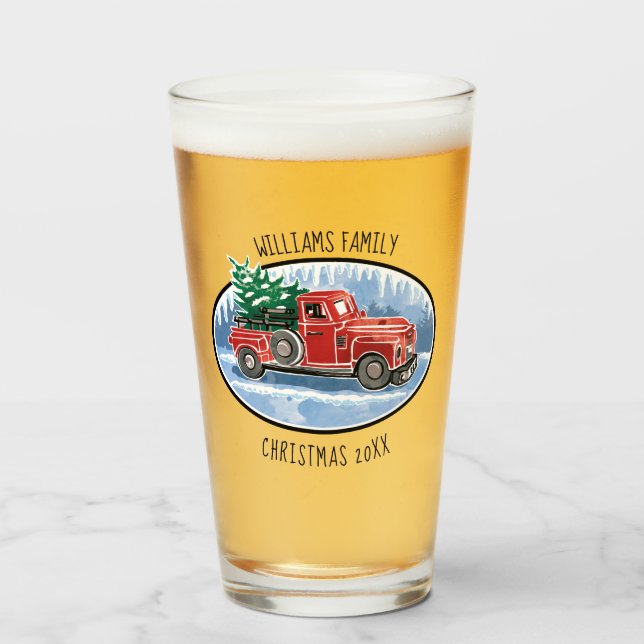 Vintage Truck Christmas Monogrammed Family Name Glass (Front Filled)