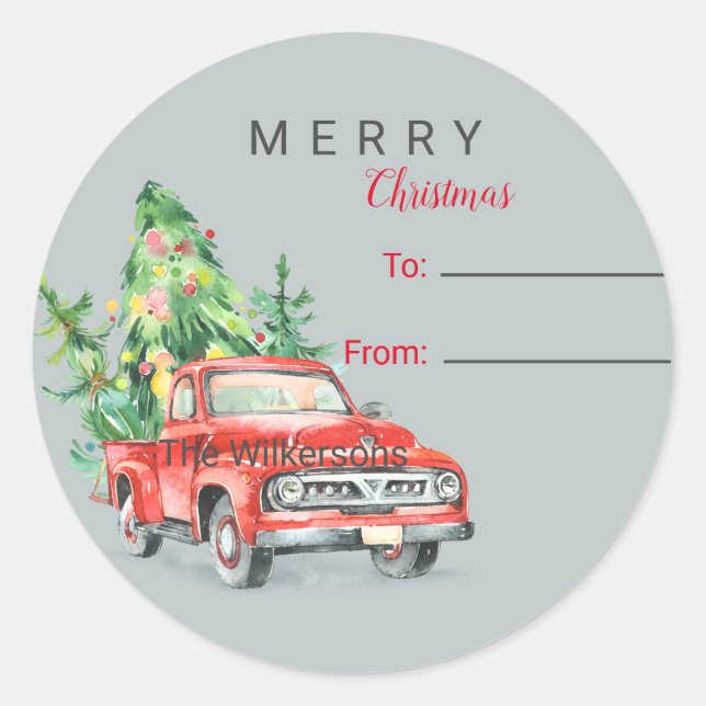 Vintage Truck Christmas Name Holiday Gift Sticker (Front)