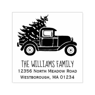 Vintage Truck Christmas Tree Family Return Address Self-inking Stamp