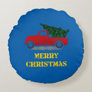 Vintage Truck Christmas Tree Gift For Trucker Round Cushion