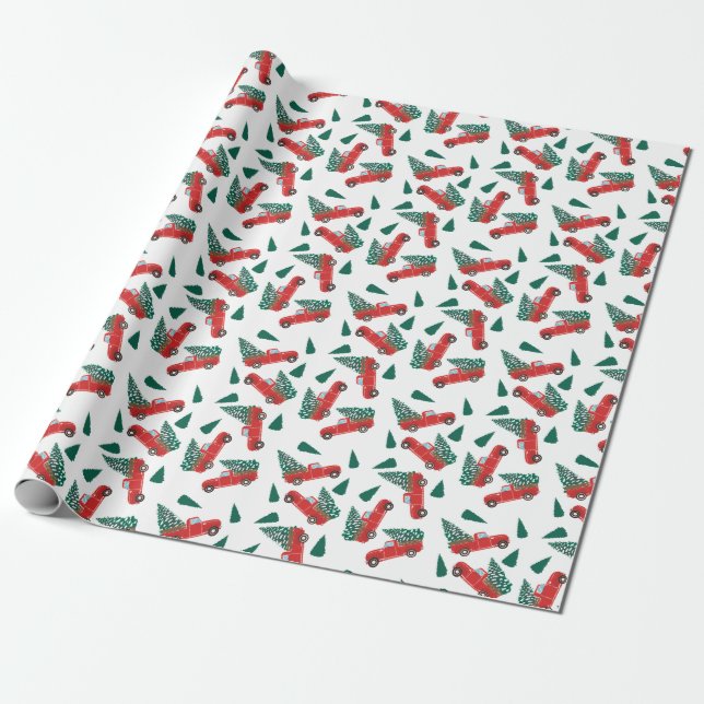 Vintage Truck Christmas Tree Pattern Red Wrapping Paper (Unrolled)