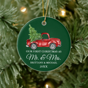 Vintage Truck First Christmas Mr and Mrs Green Ceramic Tree Decoration