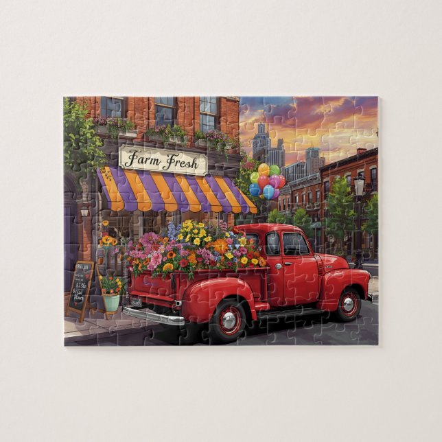 Vintage Truck Flower Delivery City Jigsaw Puzzle (Horizontal)