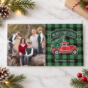 Vintage Truck Green Buffalo Plaid Photo Holiday Card