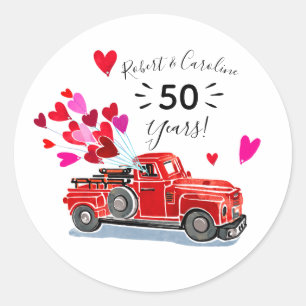 Vintage Truck Hearts Anniversary Add Names Classic Round Sticker