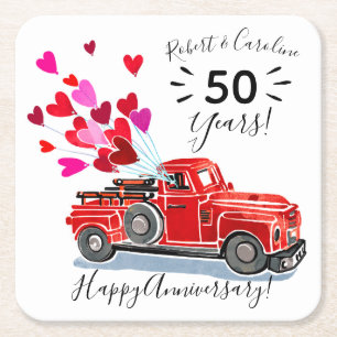 Vintage Truck Hearts Anniversary Add Names Square Paper Coaster