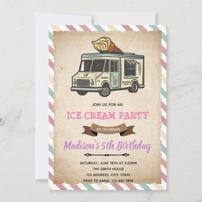 Vintage truck ice cream theme invitation (Front)
