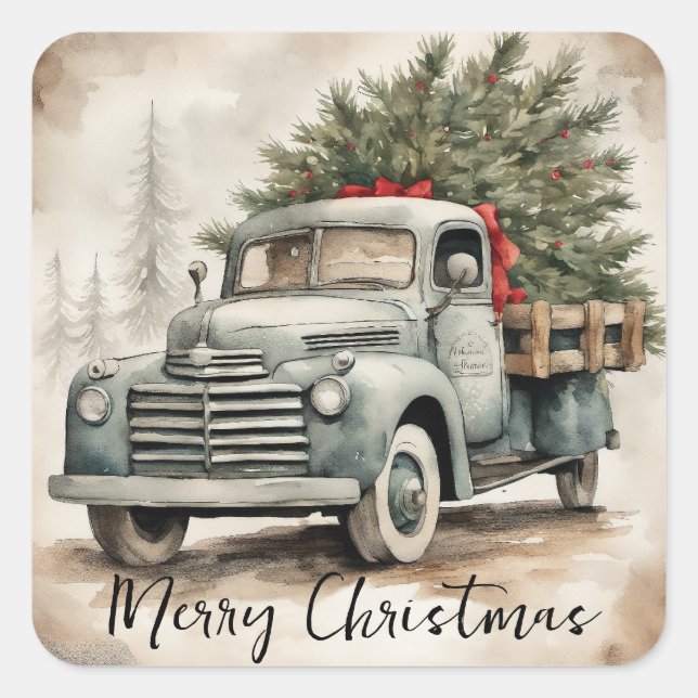 Vintage Truck Merry Christmas Square Sticker (Front)