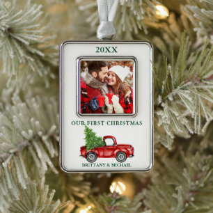 Vintage Truck Our First Christmas Couple Photo Grn Silver Plated Framed Ornament