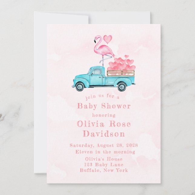 Vintage Truck Pink Flamingo Hearts Baby Shower Invitation (Front)