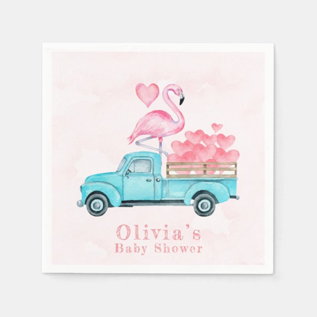Vintage Truck Pink Flamingo Hearts Baby Shower Napkin (Front)