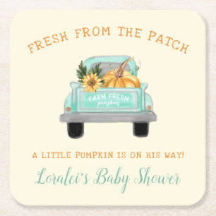 Vintage Truck Pumpkin On The Way Fall Baby Shower Square Paper Coaster