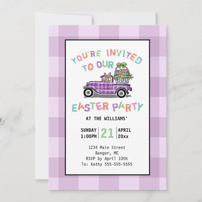 Vintage Truck Purple Gingham Easter Party Invitation (Front)