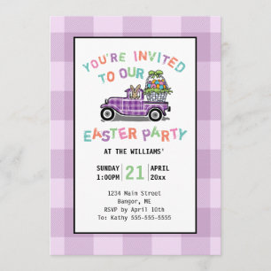 Vintage Truck Purple Gingham Easter Party Invitation