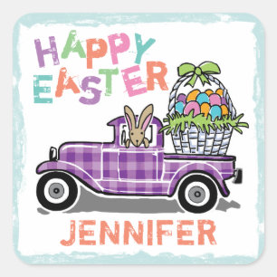 Vintage Truck Purple Gingham Happy Easter Bunny Square Sticker
