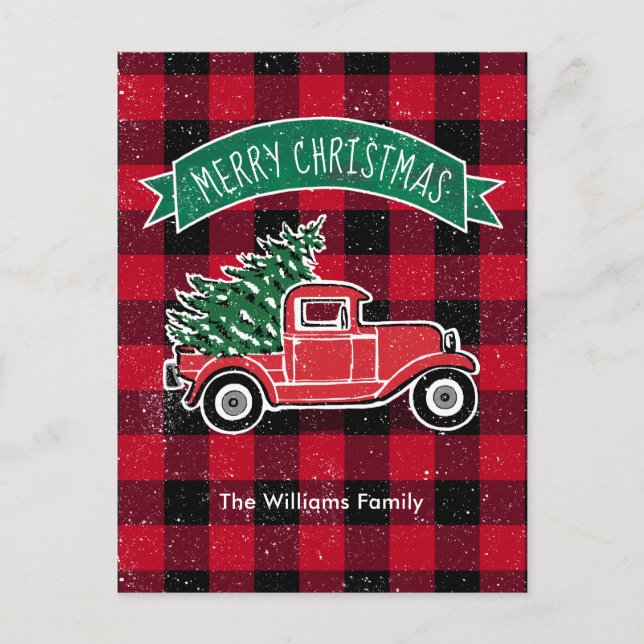 Vintage Truck Red Black Buffalo Plaid Holiday Postcard (Front)