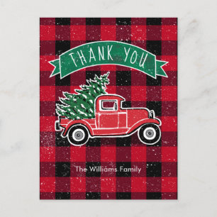 Vintage Truck Red Buffalo Check Thank You Holiday Postcard