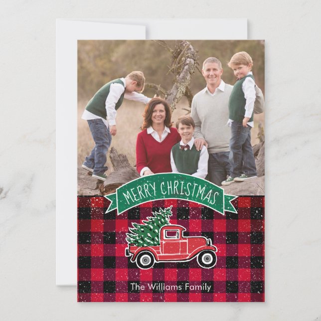 Vintage Truck Red Buffalo Plaid Holiday Photo Card (Front)