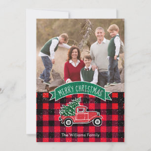 Vintage Truck Red Buffalo Plaid Holiday Photo Card