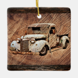 Vintage Truck Rustic Wood Ceramic Ornament