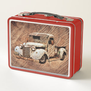 Vintage Truck Rustic Wood Metal Lunch Box