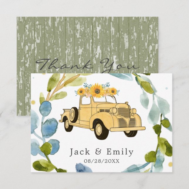 Vintage Truck Sunflowers Wedding Thank You (Front/Back)