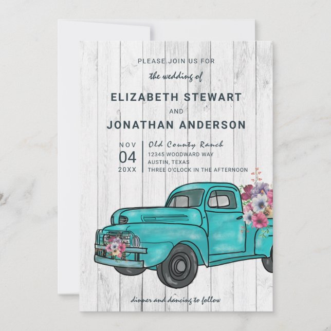 Vintage Truck Teal Rustic Wood Boho Wedding Invitation (Front)