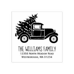Vintage Truck w/ Christmas Tree Return Address Rubber Stamp