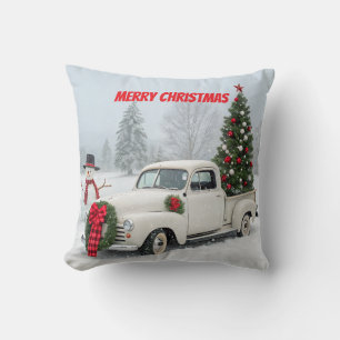 Vintage Truck with Christmas Tree and Snowman Cushion