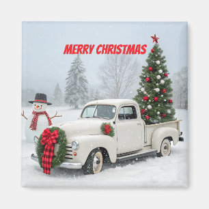 Vintage Truck with Christmas Tree and Snowman Magnet
