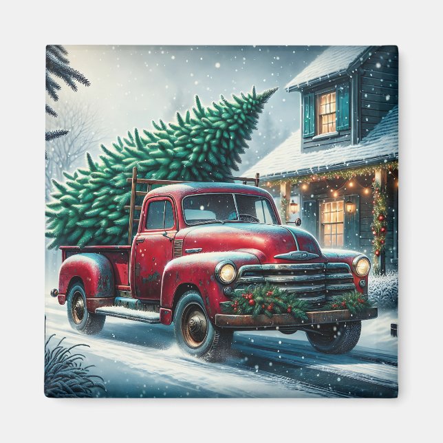 Vintage Truck with Christmas Tree Personalised Magnet (Front)