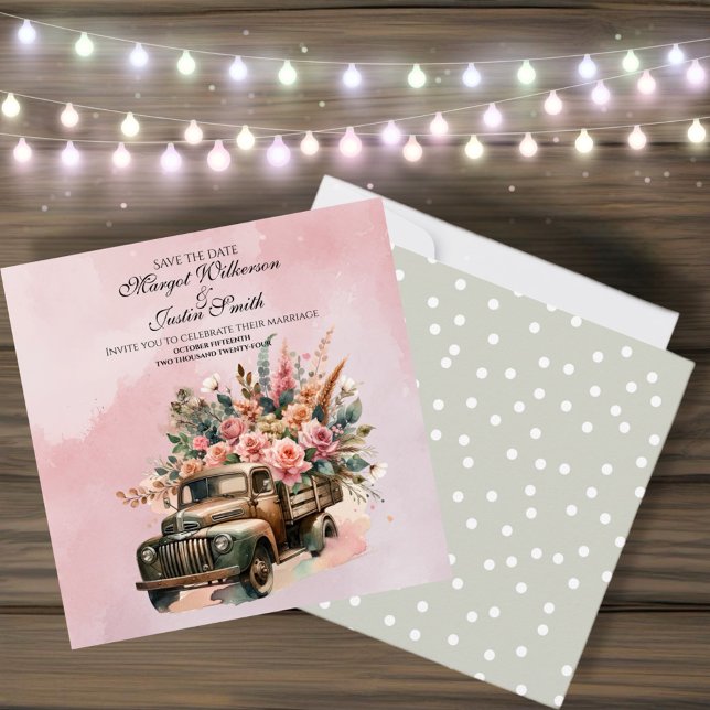 Vintage Truck With Flowers Wedding Save The Date (A Vintage watercolor wedding evokes a dreamy, romantic, atmosphere filled with soft colors.)