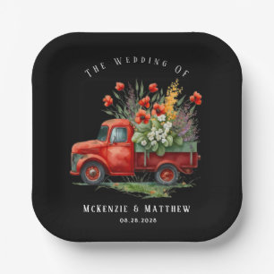 Vintage Truck With Red Poppies Wedding Paper Plate