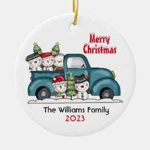 Vintage Truck with Snow Family Christmas  Ceramic Tree Decoration