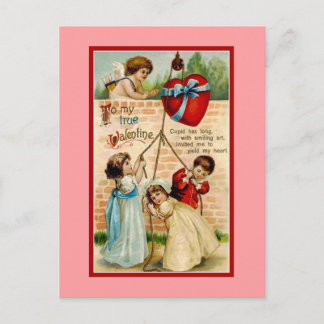 Vintage true Valentine, children, cupid, heart Holiday Postcard