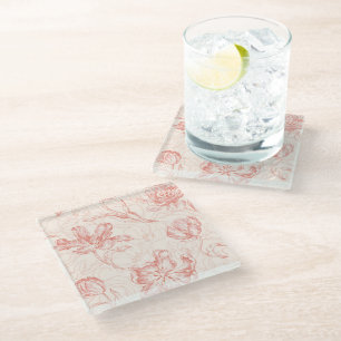 Vintage Tulip Floral Pattern Glass Coaster