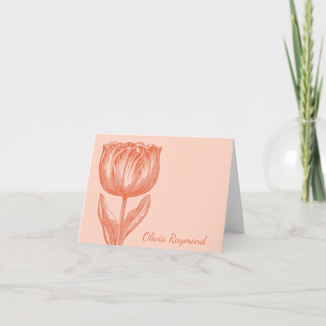 Vintage Tulip Peach Floral Personalised Name Note Card (Front)