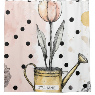 Vintage Tulip Watercolor Polka Dot Art Shower Curtain